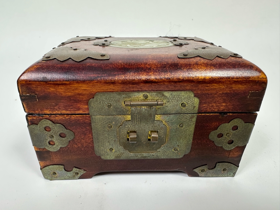 Small Chinese Wooden Jewelry Box With Brass Ornamentation And Carved Stone 5W X 4D X 3H [Photo 6]