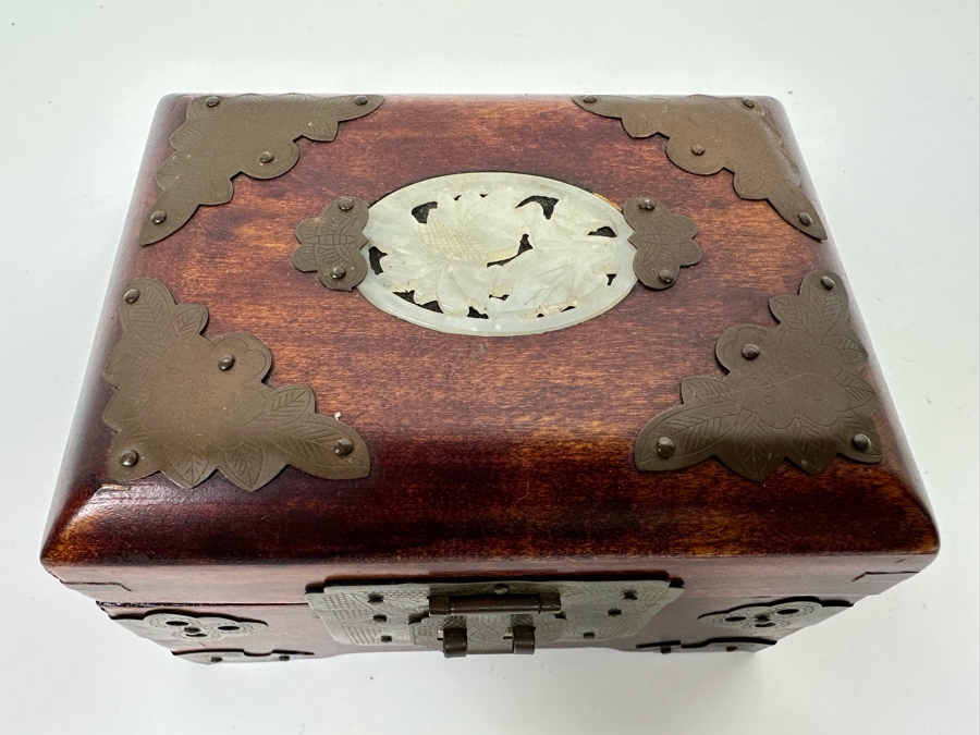 Small Chinese Wooden Jewelry Box With Brass Ornamentation And Carved Stone 5W X 4D X 3H [Photo 4]