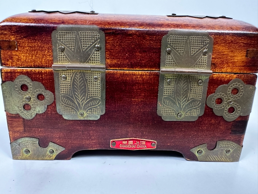 Small Chinese Wooden Jewelry Box With Brass Ornamentation And Carved Stone 5W X 4D X 3H [Photo 8]