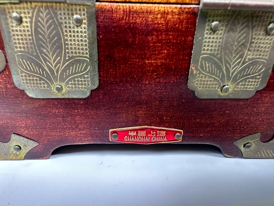Small Chinese Wooden Jewelry Box With Brass Ornamentation And Carved Stone 5W X 4D X 3H [Photo 9]
