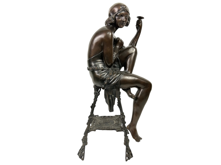 Bronze Sculputre After Ferdinando De Luca Flapper Girl Seated Art Deco Style Signed Chantal 12W X 10D X 30H