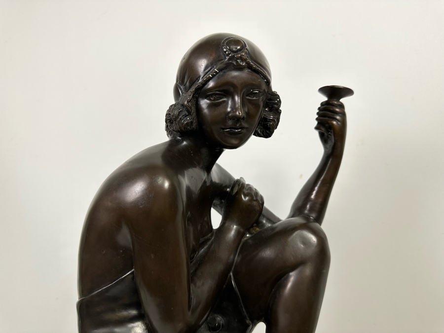 Bronze Sculputre After Ferdinando De Luca Flapper Girl Seated Art Deco Style Signed Chantal 12W X 10D X 30H [Photo 8]