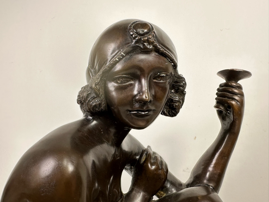 Bronze Sculputre After Ferdinando De Luca Flapper Girl Seated Art Deco Style Signed Chantal 12W X 10D X 30H [Photo 7]