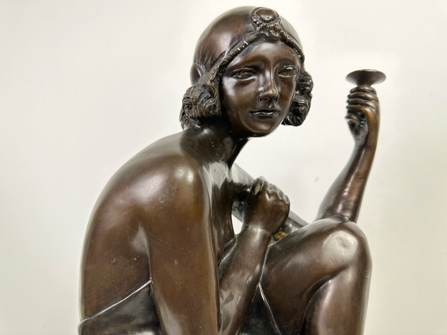 Bronze Sculputre After Ferdinando De Luca Flapper Girl Seated Art Deco Style Signed Chantal 12W X 10D X 30H [Photo 6]