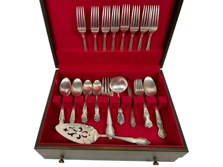 Silverplate Flatware Set With Wooden Storage Box 15W X 11D X 5H [Photo 1]