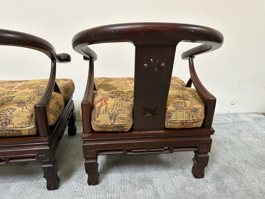 Vintage Pair Of Chinese Carved Hardwood Horseshoe Chairs With Cushions [Photo 19]