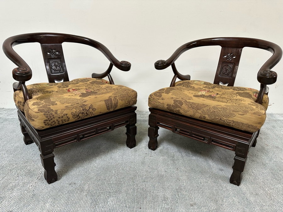 Vintage Pair Of Chinese Carved Hardwood Horseshoe Chairs With Cushions [Photo 12]