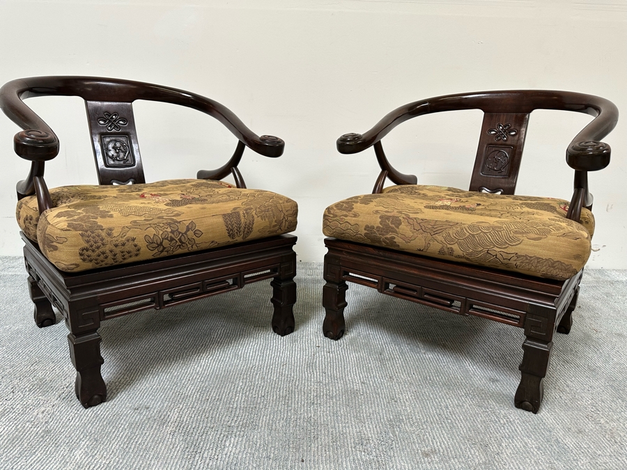 Vintage Pair Of Chinese Carved Hardwood Horseshoe Chairs With Cushions [Photo 10]