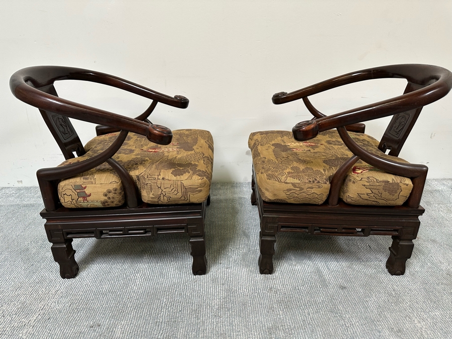 Vintage Pair Of Chinese Carved Hardwood Horseshoe Chairs With Cushions [Photo 16]