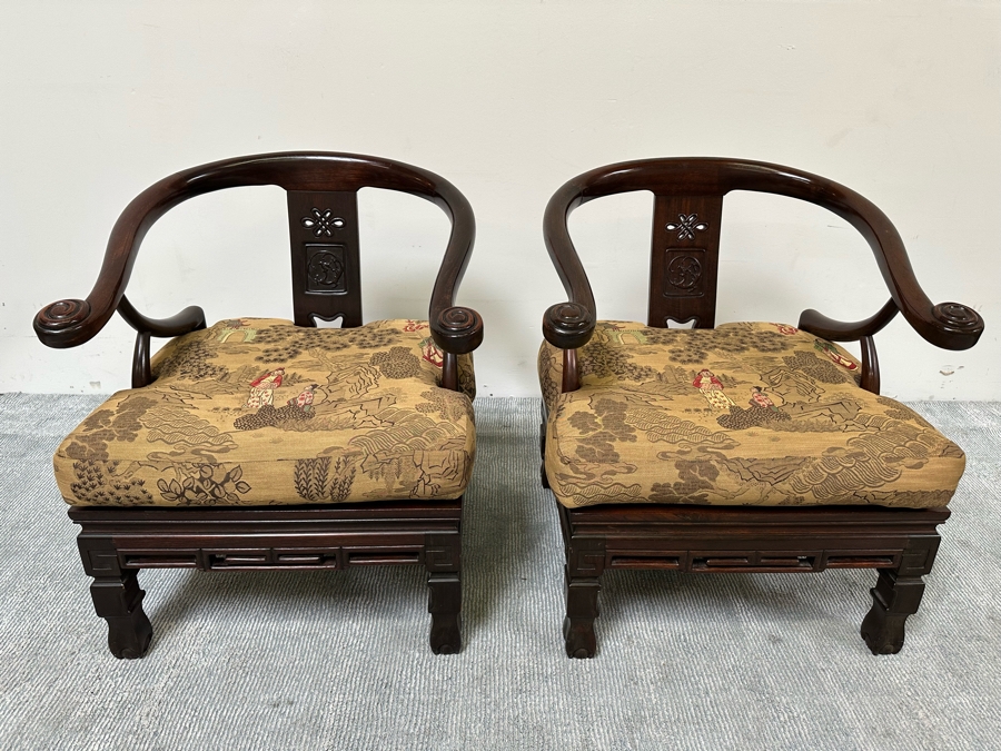 Vintage Pair Of Chinese Carved Hardwood Horseshoe Chairs With Cushions [Photo 7]
