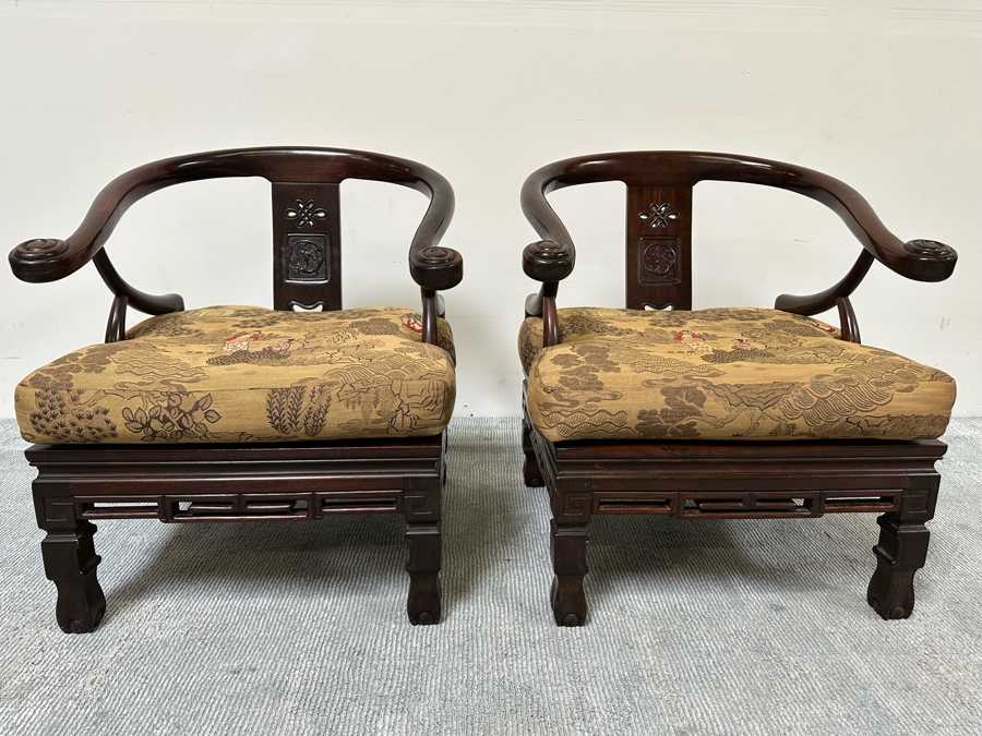Vintage Pair Of Chinese Carved Hardwood Horseshoe Chairs With Cushions [Photo 6]
