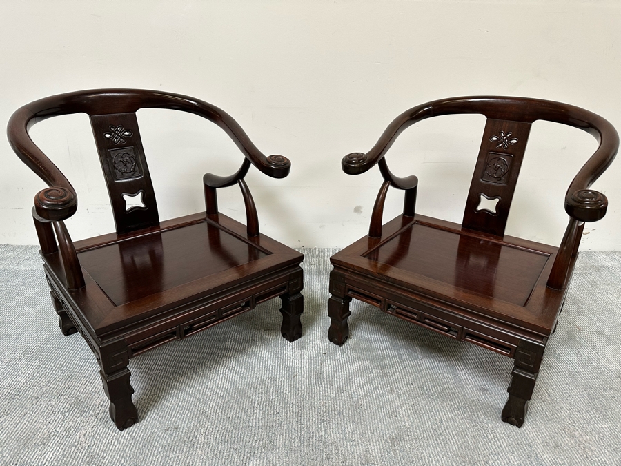 Vintage Pair Of Chinese Carved Hardwood Horseshoe Chairs With Cushions [Photo 14]