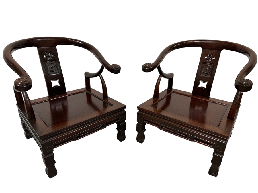 Vintage Pair Of Chinese Carved Hardwood Horseshoe Chairs With Cushions [Photo 2]