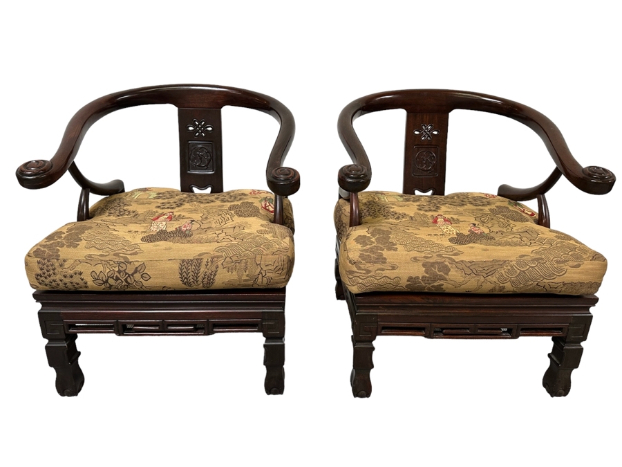 Vintage Pair Of Chinese Carved Hardwood Horseshoe Chairs With Cushions [Photo 3]