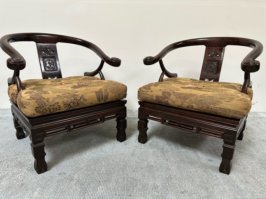 Vintage Pair Of Chinese Carved Hardwood Horseshoe Chairs With Cushions [Photo 11]