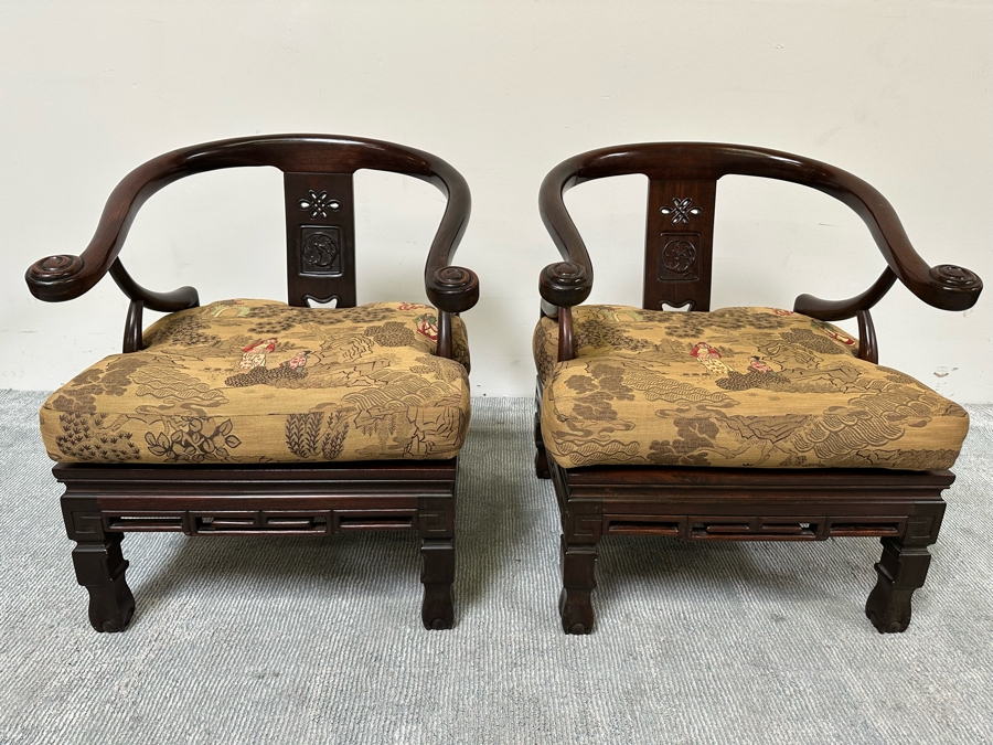Vintage Pair Of Chinese Carved Hardwood Horseshoe Chairs With Cushions [Photo 4]