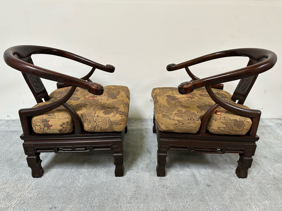 Vintage Pair Of Chinese Carved Hardwood Horseshoe Chairs With Cushions [Photo 17]