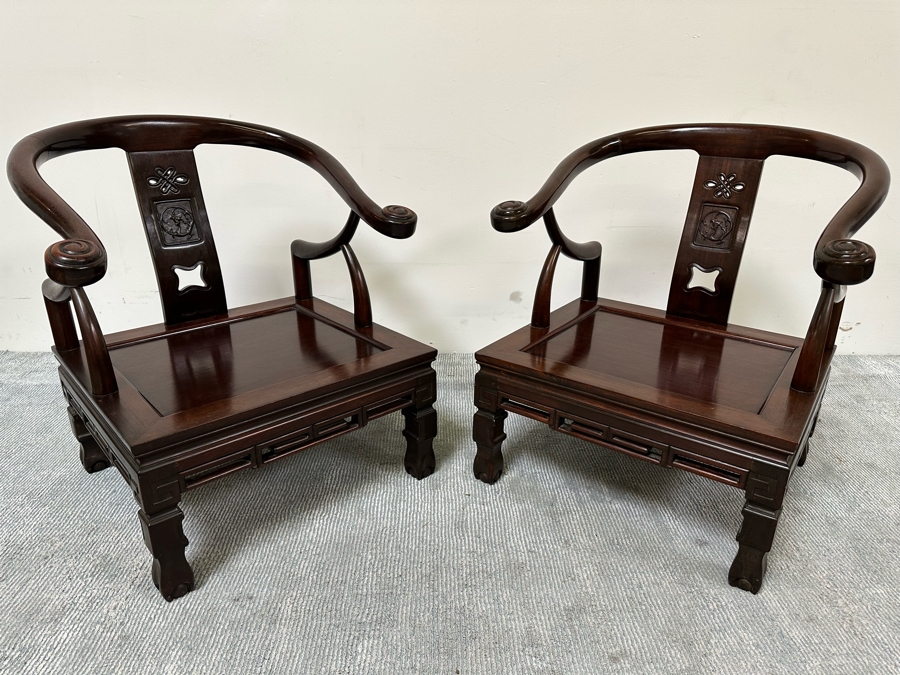 Vintage Pair Of Chinese Carved Hardwood Horseshoe Chairs With Cushions [Photo 13]