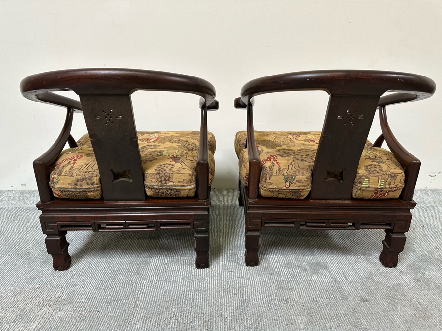Vintage Pair Of Chinese Carved Hardwood Horseshoe Chairs With Cushions [Photo 18]