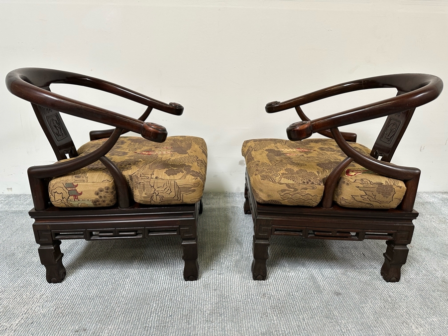 Vintage Pair Of Chinese Carved Hardwood Horseshoe Chairs With Cushions [Photo 15]