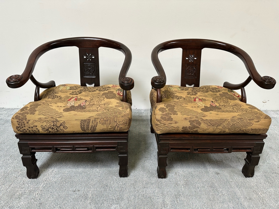 Vintage Pair Of Chinese Carved Hardwood Horseshoe Chairs With Cushions [Photo 5]