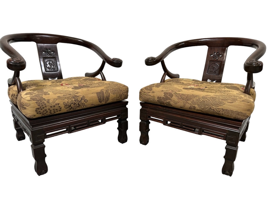 Vintage Pair Of Chinese Carved Hardwood Horseshoe Chairs With Cushions