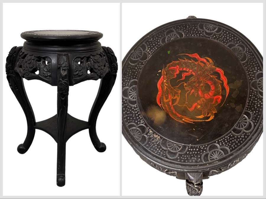 Vintage Chinese Carved Plant Fern Stand Side Table With Hand Painted Red Dragon Top 21W X 24.5H [Photo 1]