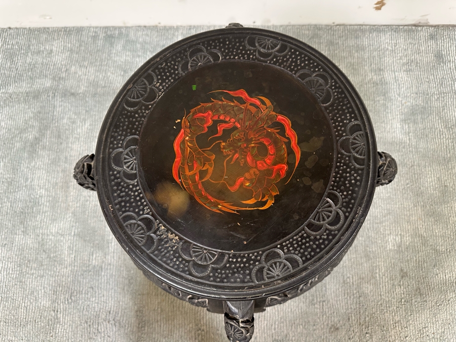 Vintage Chinese Carved Plant Fern Stand Side Table With Hand Painted Red Dragon Top 21W X 24.5H [Photo 7]
