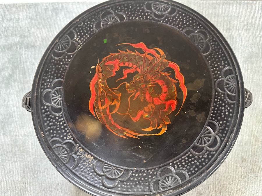 Vintage Chinese Carved Plant Fern Stand Side Table With Hand Painted Red Dragon Top 21W X 24.5H [Photo 8]