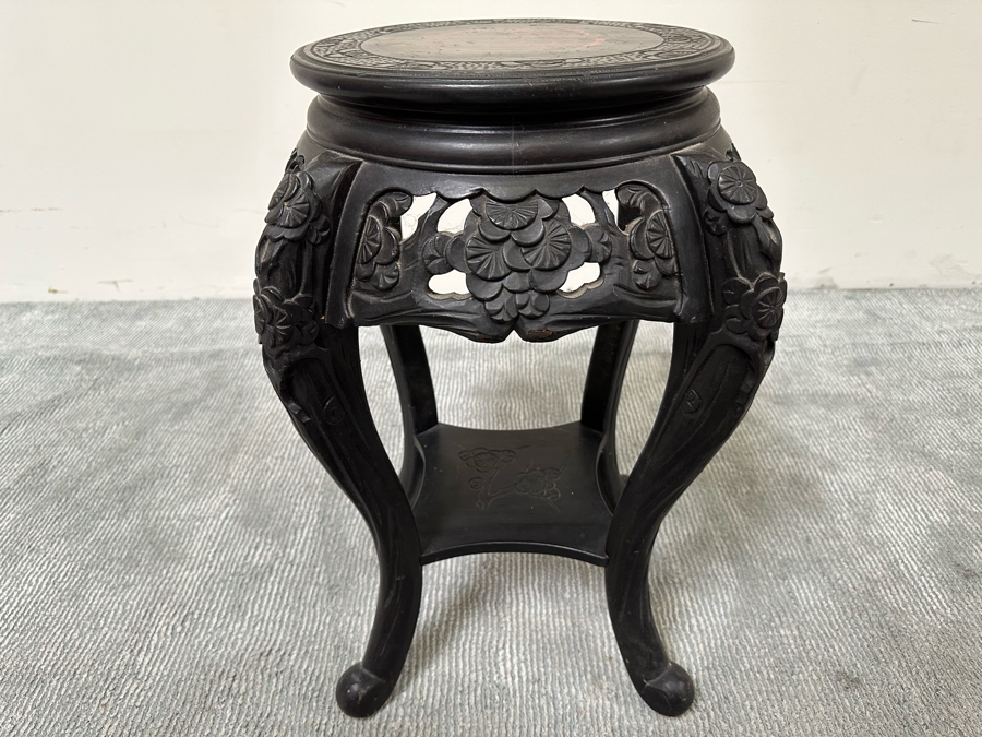 Vintage Chinese Carved Plant Fern Stand Side Table With Hand Painted Red Dragon Top 21W X 24.5H [Photo 16]