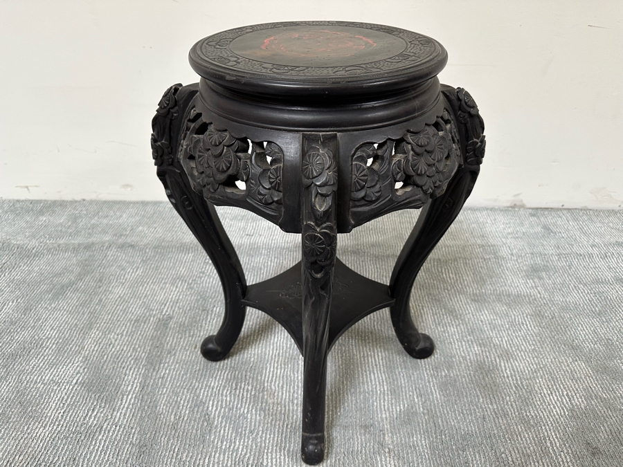 Vintage Chinese Carved Plant Fern Stand Side Table With Hand Painted Red Dragon Top 21W X 24.5H [Photo 4]