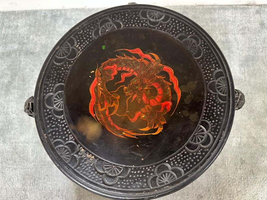 Vintage Chinese Carved Plant Fern Stand Side Table With Hand Painted Red Dragon Top 21W X 24.5H [Photo 9]