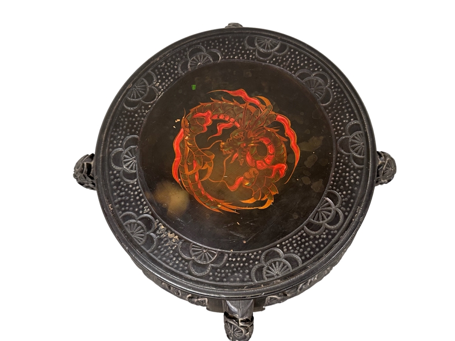 Vintage Chinese Carved Plant Fern Stand Side Table With Hand Painted Red Dragon Top 21W X 24.5H [Photo 3]