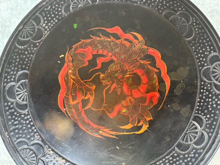 Vintage Chinese Carved Plant Fern Stand Side Table With Hand Painted Red Dragon Top 21W X 24.5H [Photo 10]