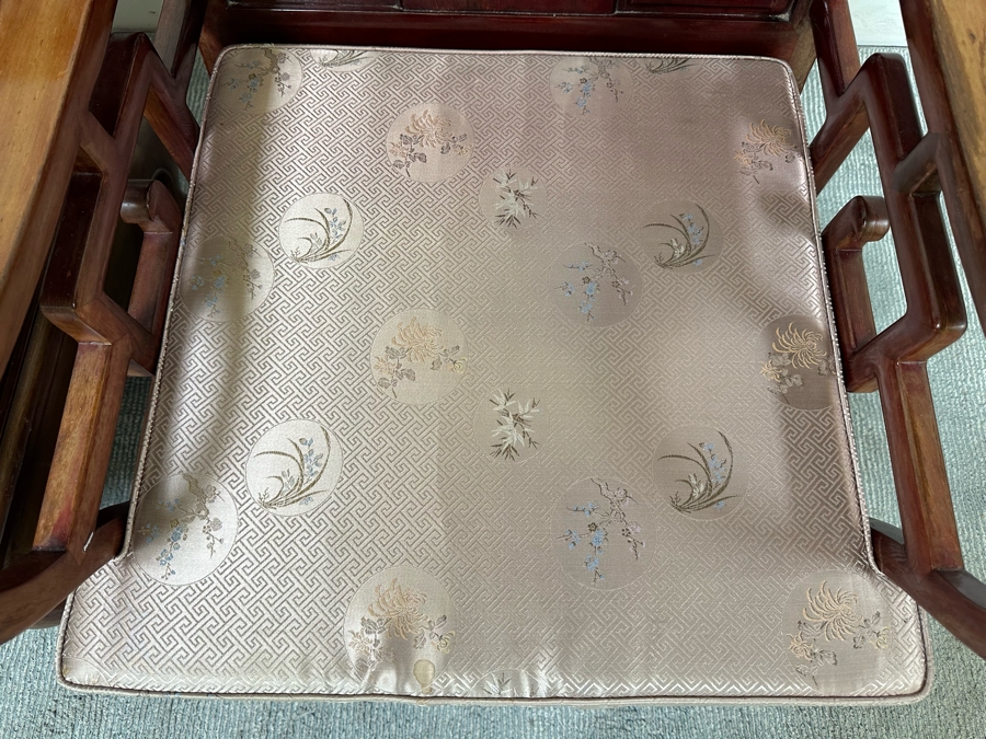 Pair Of Vintage Chinese Hardwood Armchairs With Cushions [Photo 14]