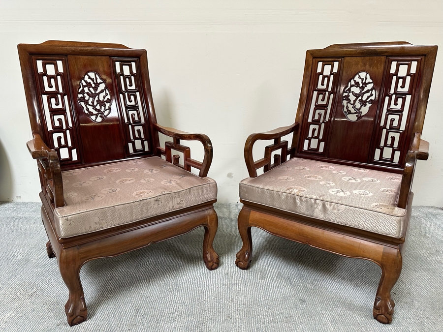 Pair Of Vintage Chinese Hardwood Armchairs With Cushions [Photo 5]