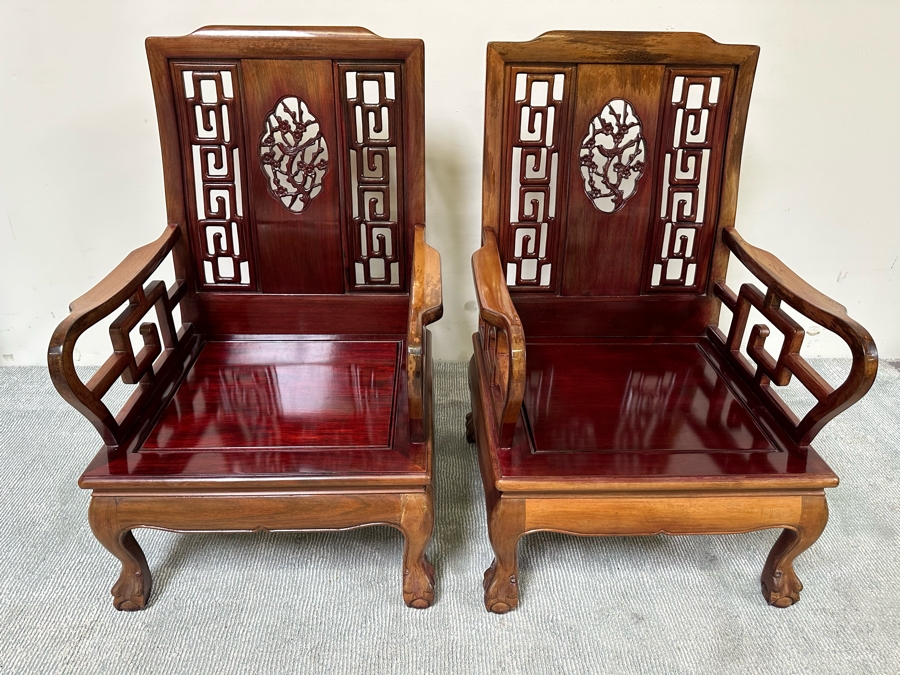 Pair Of Vintage Chinese Hardwood Armchairs With Cushions [Photo 16]