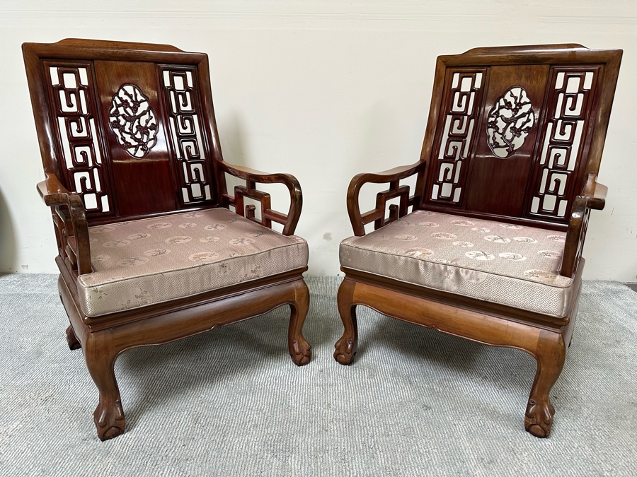 Pair Of Vintage Chinese Hardwood Armchairs With Cushions [Photo 4]