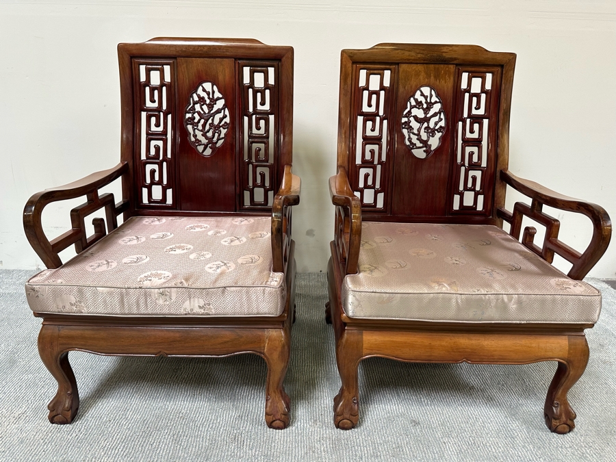Pair Of Vintage Chinese Hardwood Armchairs With Cushions [Photo 6]