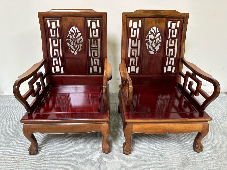 Pair Of Vintage Chinese Hardwood Armchairs With Cushions [Photo 15]