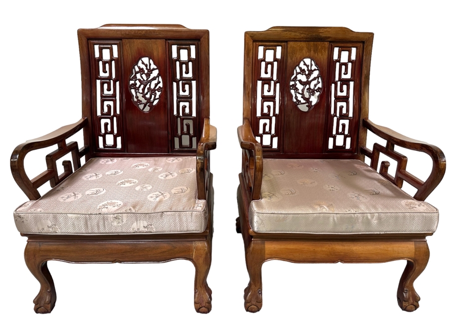 Pair Of Vintage Chinese Hardwood Armchairs With Cushions [Photo 2]