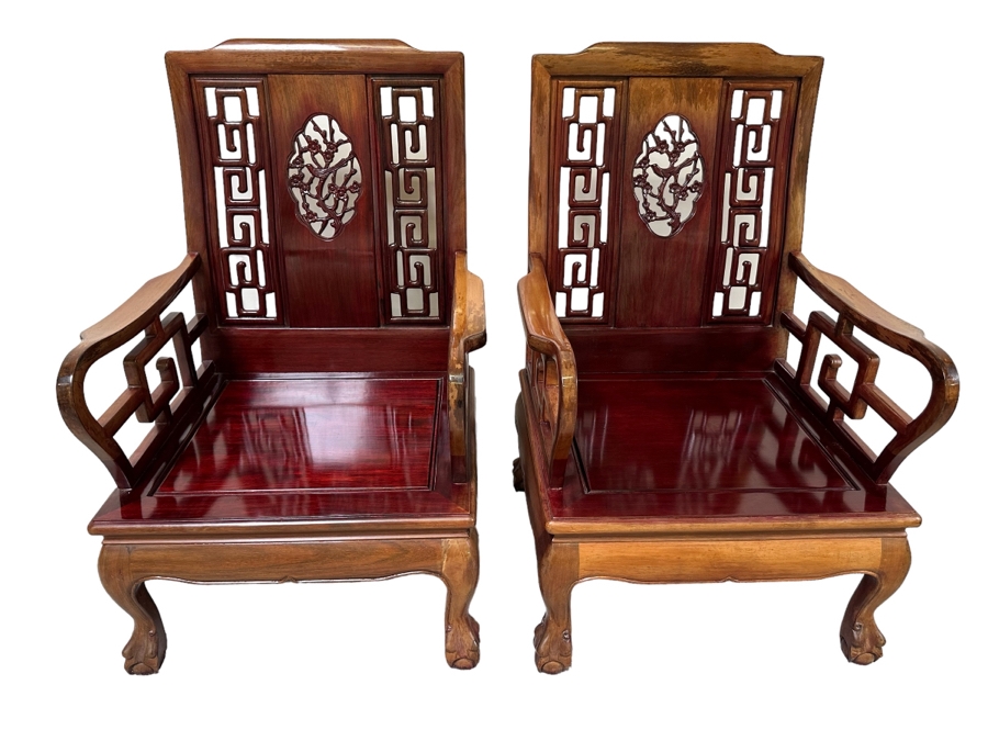 Pair Of Vintage Chinese Hardwood Armchairs With Cushions [Photo 3]