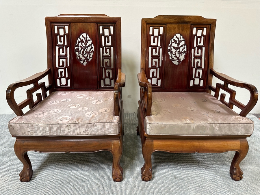 Pair Of Vintage Chinese Hardwood Armchairs With Cushions [Photo 7]