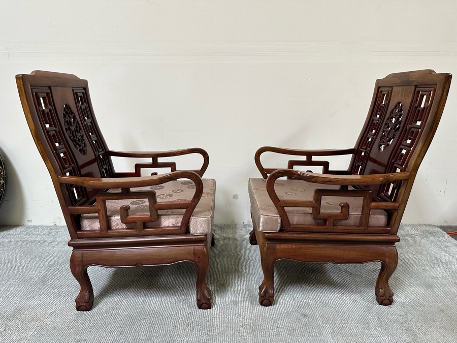 Pair Of Vintage Chinese Hardwood Armchairs With Cushions [Photo 12]