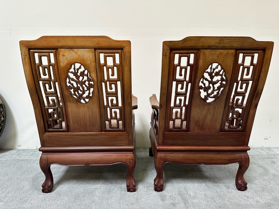Pair Of Vintage Chinese Hardwood Armchairs With Cushions [Photo 13]