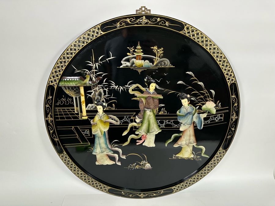 Vintage Round Japanese Wall Plaque With Black Lacquer And Applied Figures 30R [Photo 2]