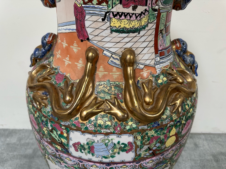 Large Vintage Signed Chinese Hand Painted Porcelain Vase With Wooden Stand 36H X 16W (49H With Stand) [Photo 19]