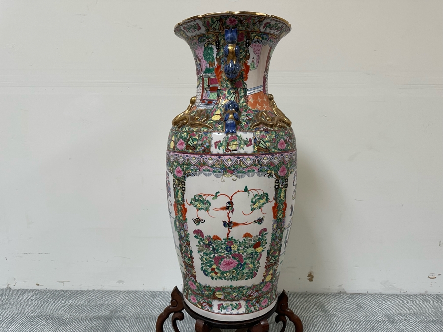 Large Vintage Signed Chinese Hand Painted Porcelain Vase With Wooden Stand 36H X 16W (49H With Stand) [Photo 20]