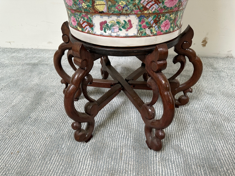 Large Vintage Signed Chinese Hand Painted Porcelain Vase With Wooden Stand 36H X 16W (49H With Stand) [Photo 21]