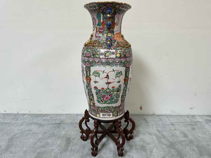 Large Vintage Signed Chinese Hand Painted Porcelain Vase With Wooden Stand 36H X 16W (49H With Stand) [Photo 14]